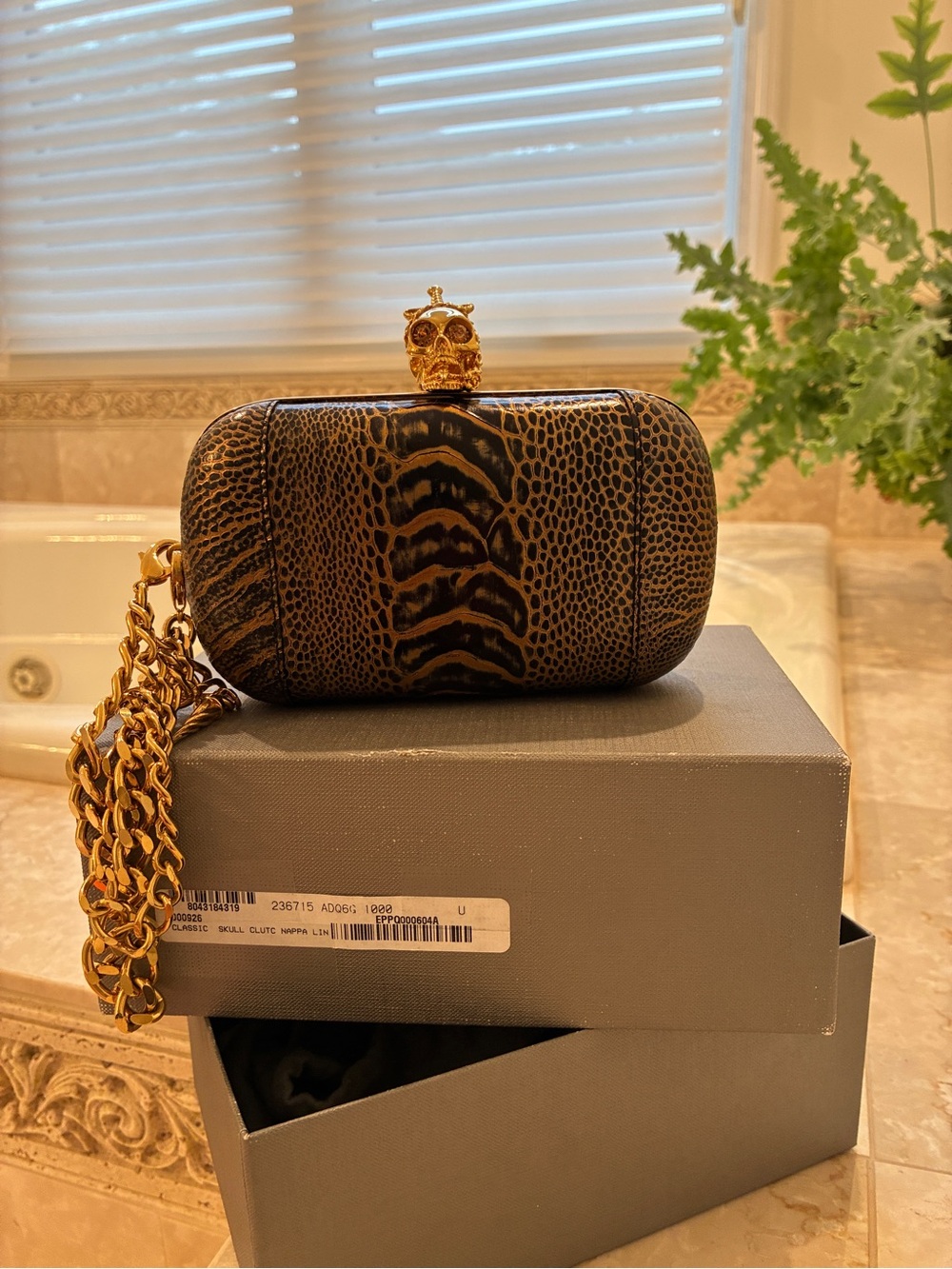 Alexander McQueen Gold and Black Snake-Print Skull Clasp Clutch